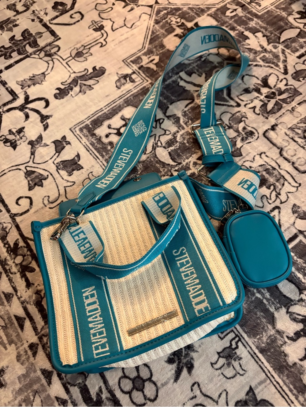 Steve Madden Teal and Ivory Woven Crossbody Bag with Logo Strap